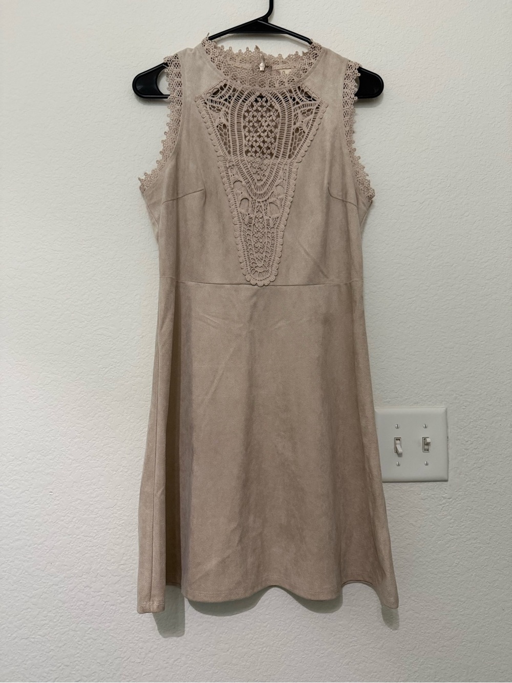 Altar'd State Taupe Crochet Yoke Suede-like Sleeveless A-Line Dress